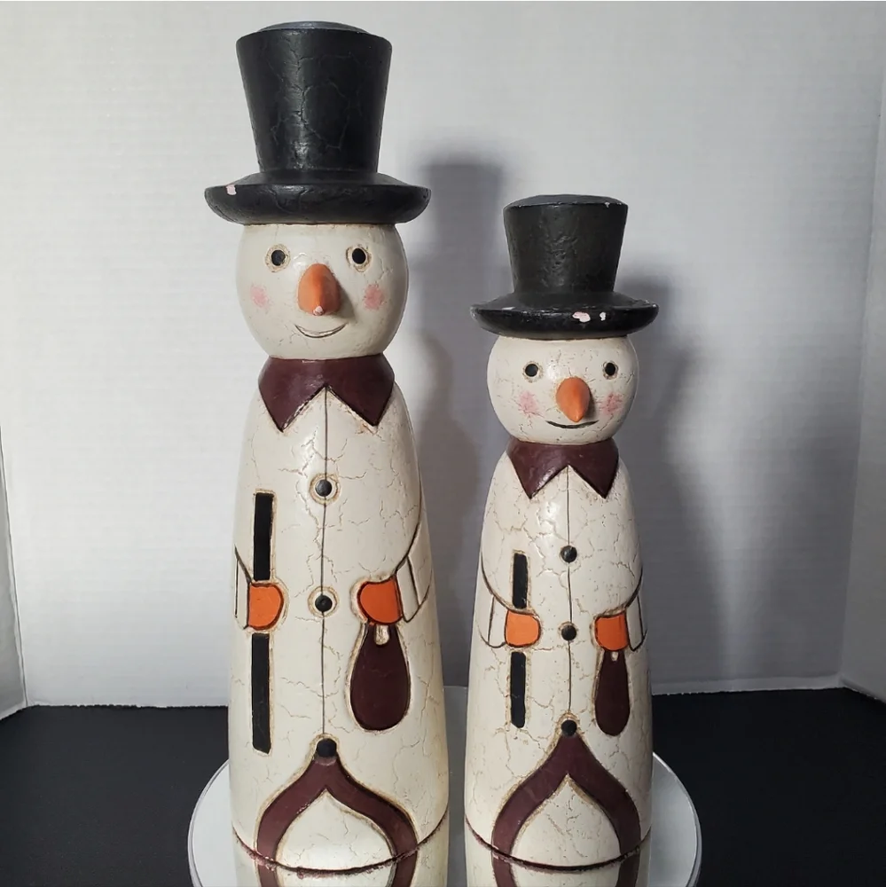 Erzgebirge Style Wood Snowman Pair ⛄️⛄️ Germany Vintage Distressed L👀K
